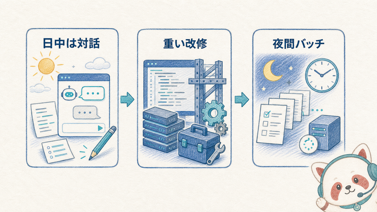 時間帯で道具を使い分けるチーム運用の構成図