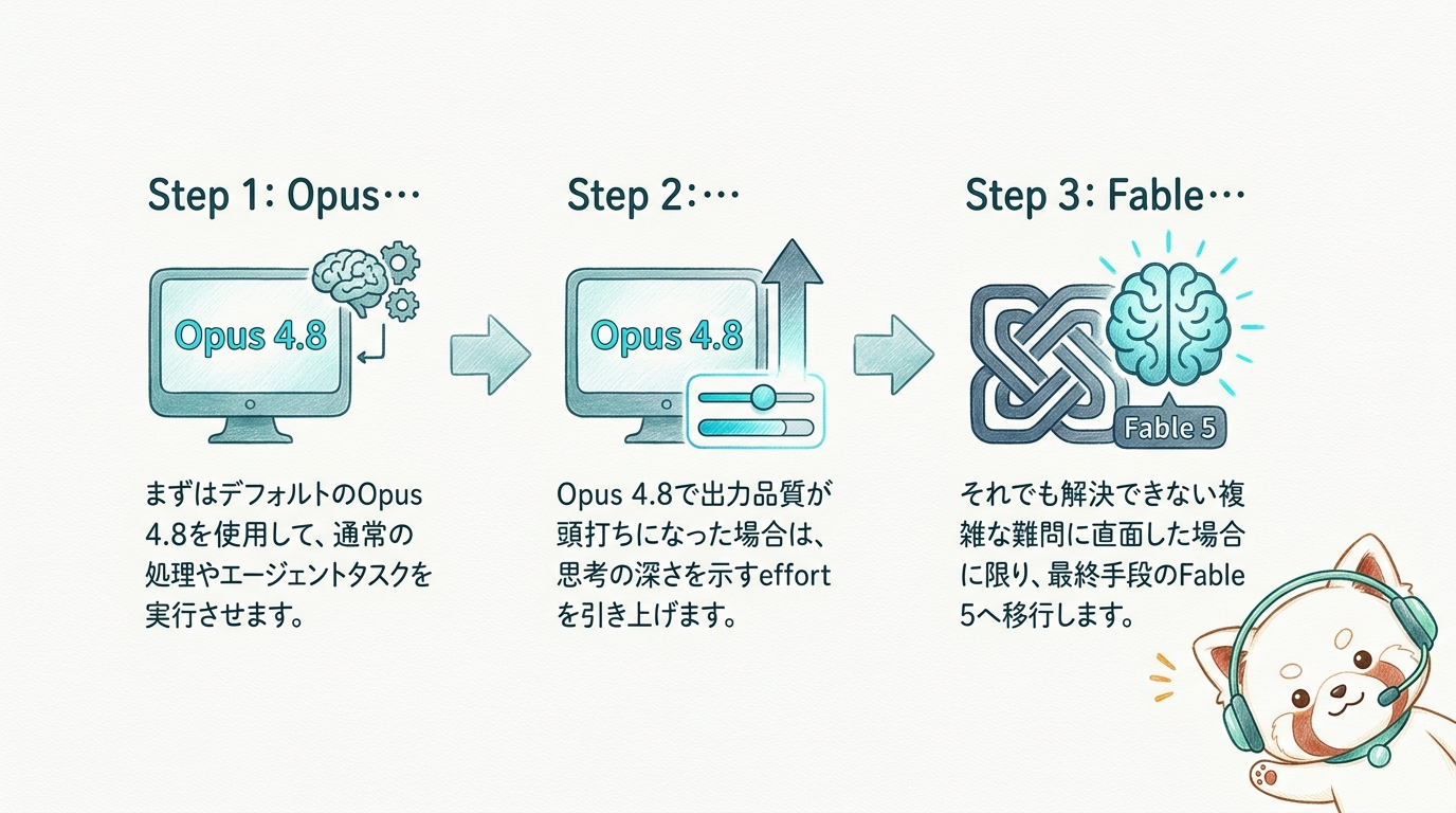 Opus 4.8からFable 5への段階的な移行フロー