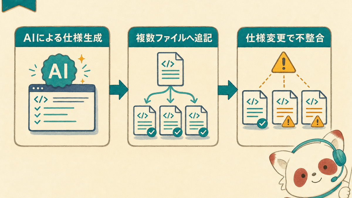 AIが複数のドキュメントに同じ仕様を追記し、仕様変更時に不整合が発生する図