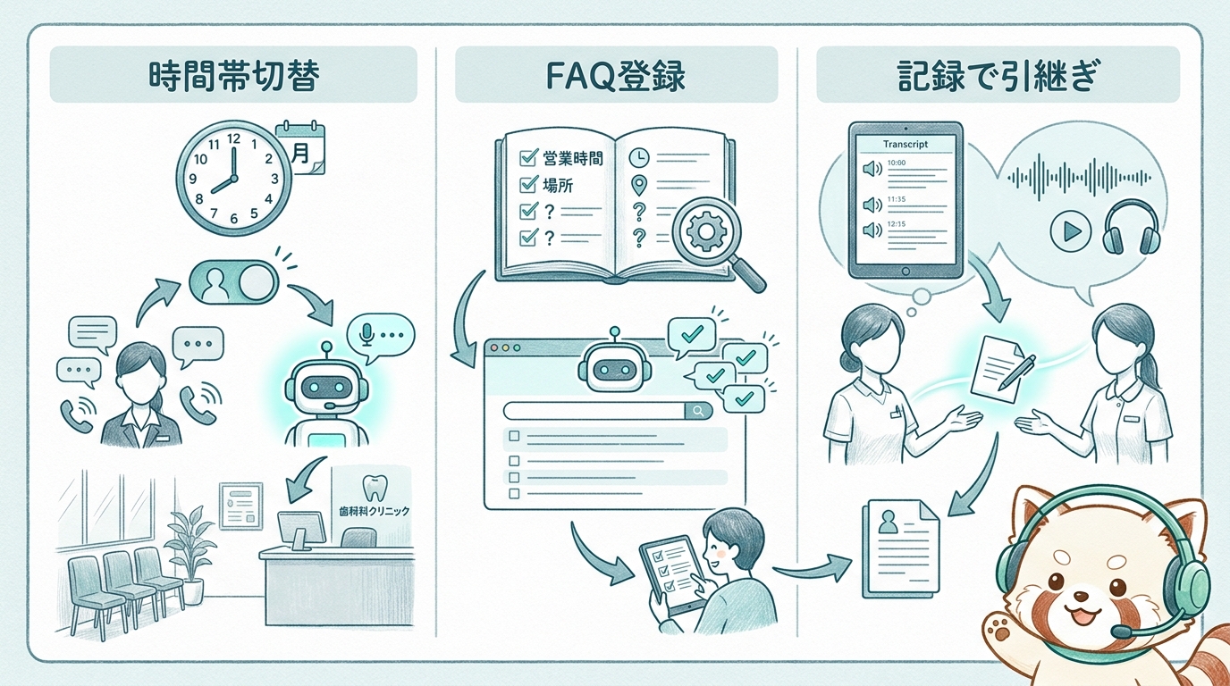 歯科医院での会話型AI一次受付の3つの使いどころを示す図