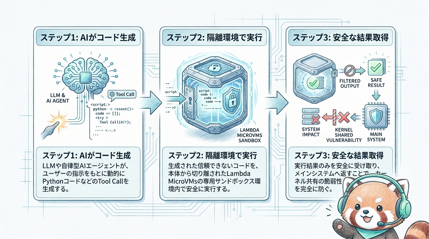 AIエージェントにおけるLambda MicroVMsの利用フロー図