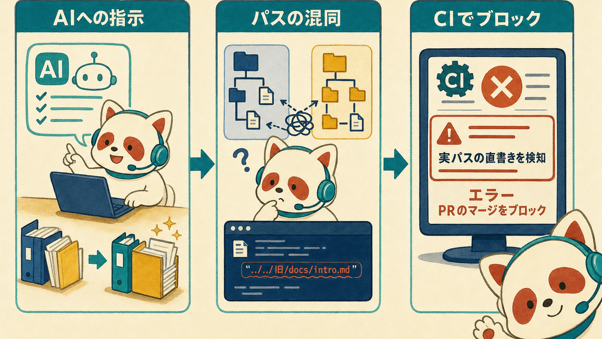 AIが新旧パスを混同し、直書きしてしまうフローとCIでのブロック