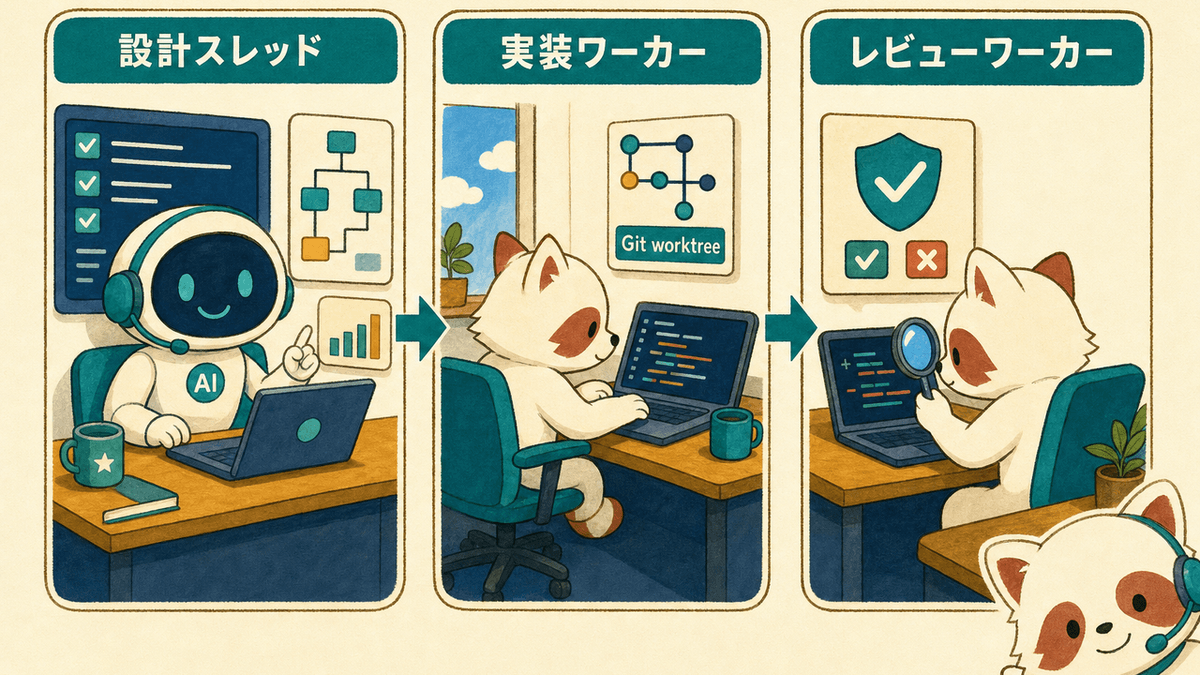 設計スレッド、実装ワーカー、レビューワーカーの3層に分かれたオーケストレーション構造