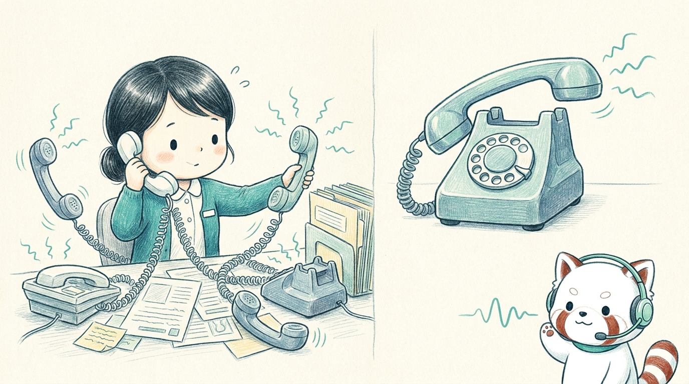 鳴り続ける電話に追われる歯科クリニックの受付スタッフのイラスト