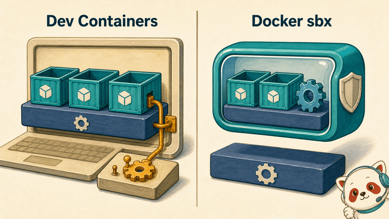 Dev ContainersとDocker Sandboxes (sbx) のアーキテクチャ比較図