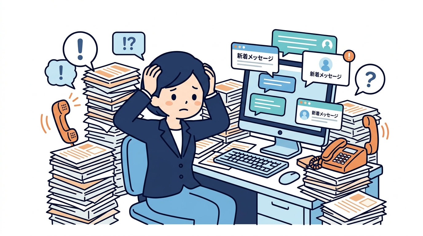 社内問い合わせが殺到し対応に追われるバックオフィス担当者のイメージ