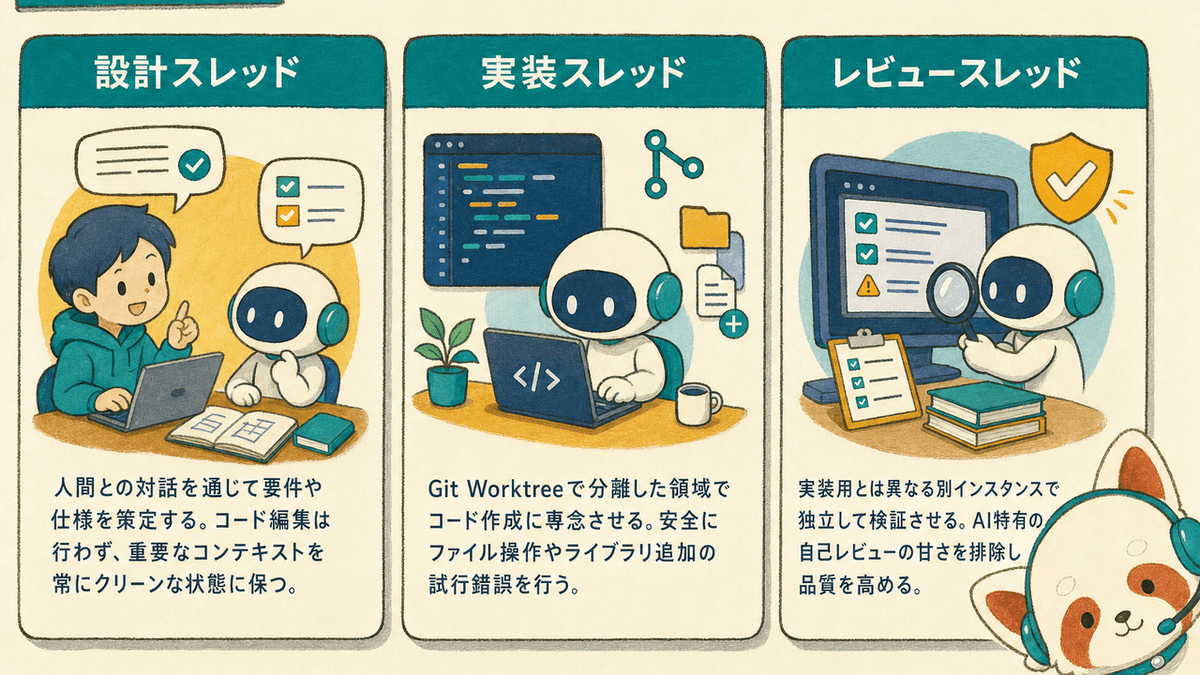 設計・実装・レビューの3スレッドを分離したマルチエージェント構成図