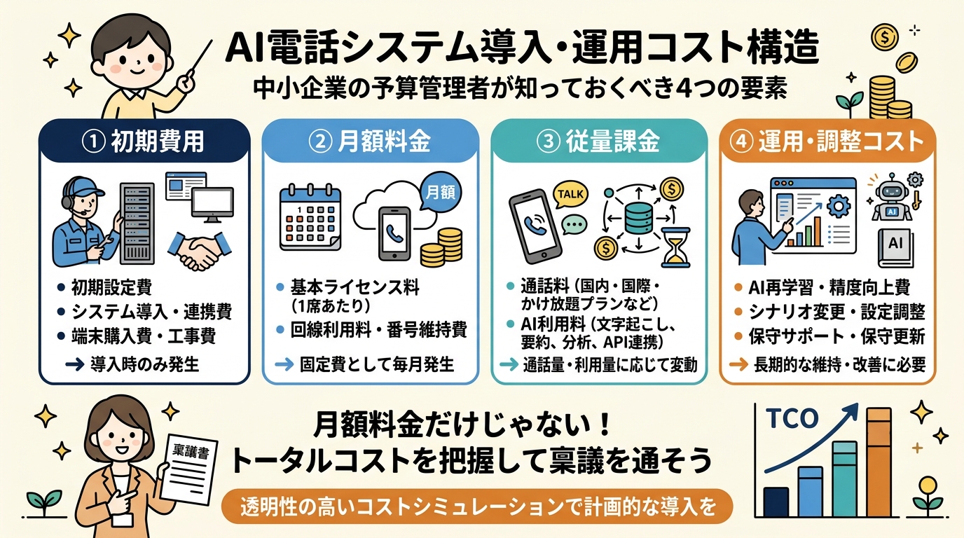 AI電話の総コスト構造（初期・月額・従量課金・工数）