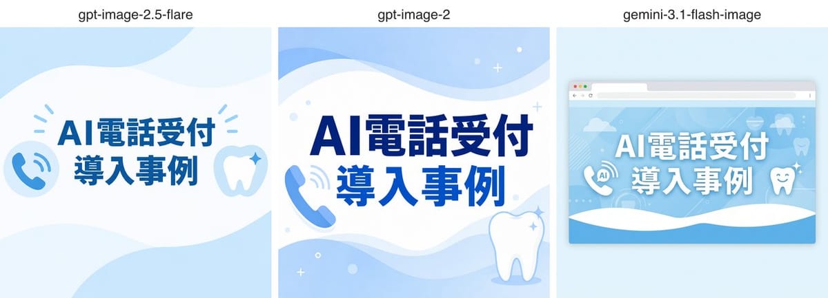 日本語バナーの生成結果。左からgpt-image-2.5-flare、gpt-image-2、gemini-3.1-flash-image
