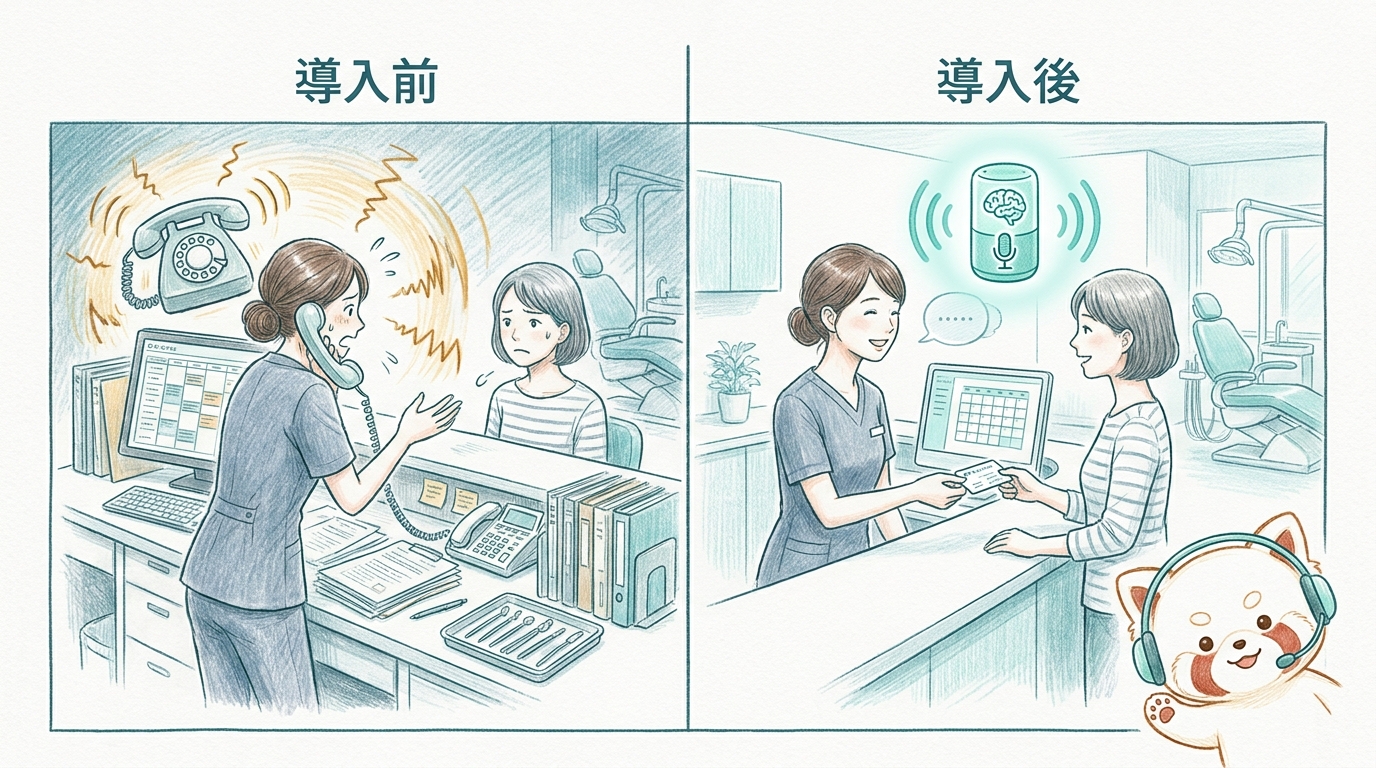 歯科医院の電話対応の業務分断とAI受付導入後の比較図
