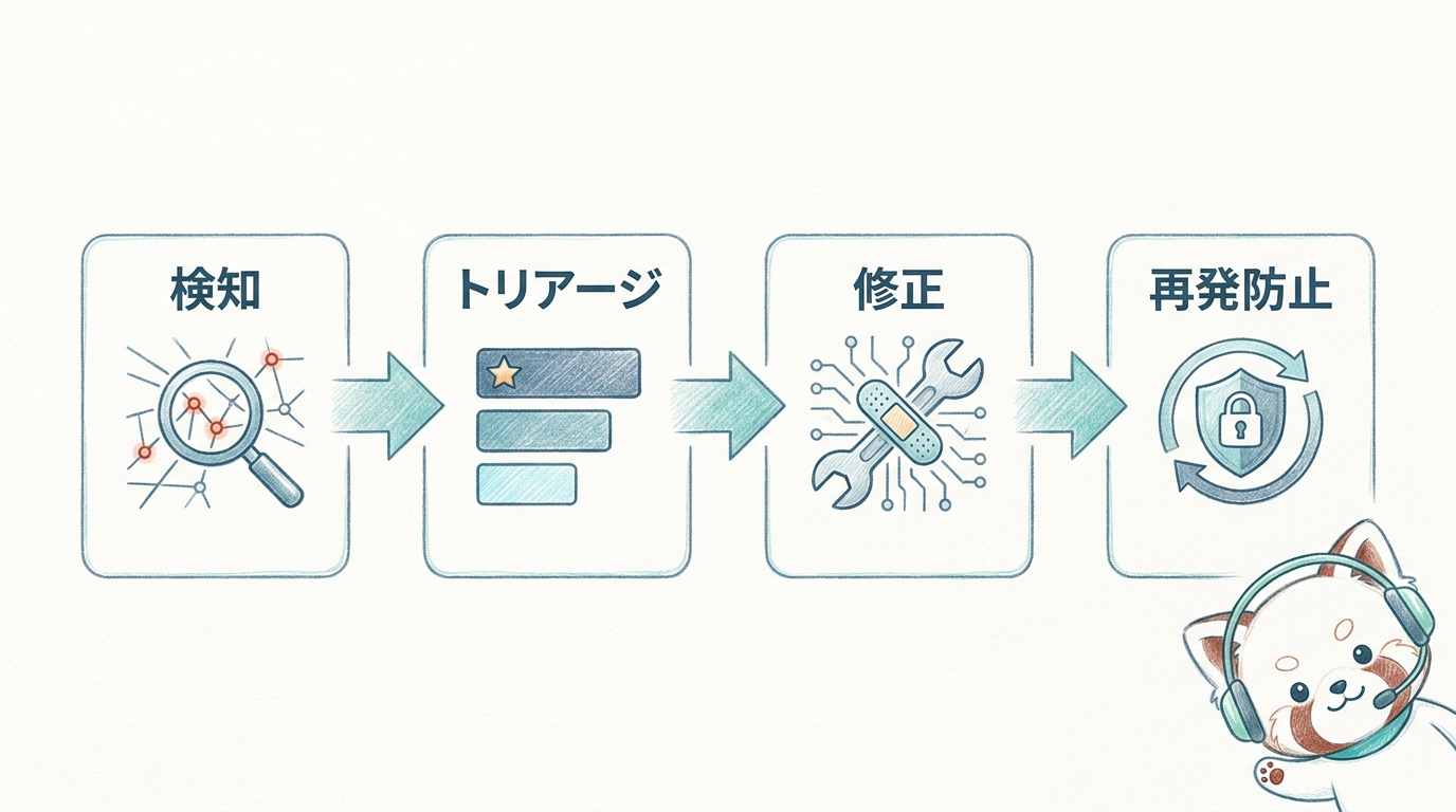検知・トリアージ・修正・再発防止の運用プロセス図