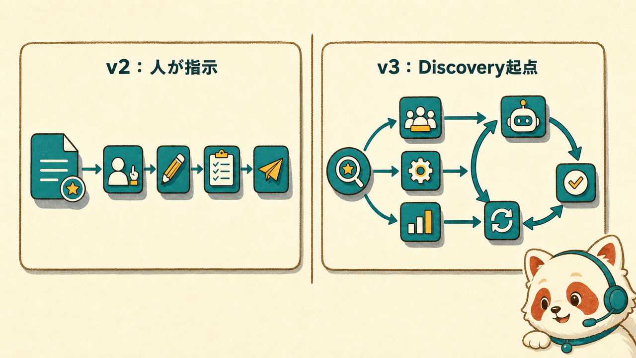 v2の直線的なコマンド手順と、v3のDiscovery起点フローの対比