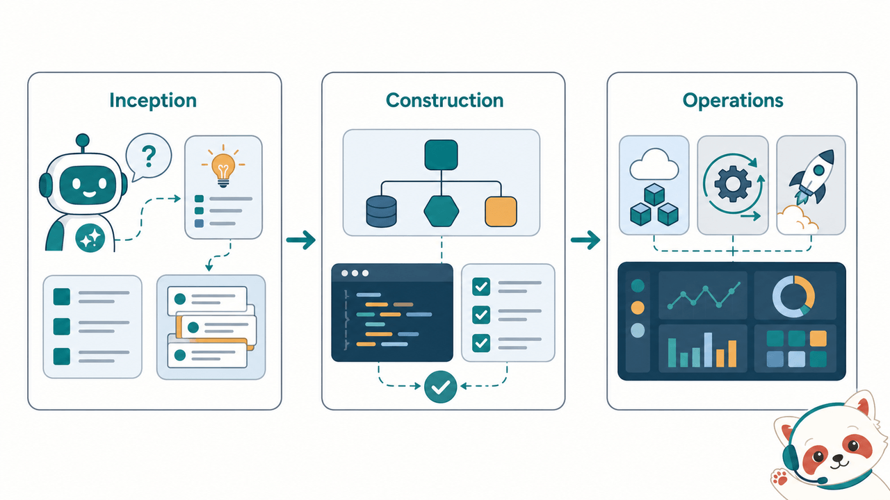 AI-DLCの3フェーズ(Inception・Construction・Operations)の流れを示したフロー図