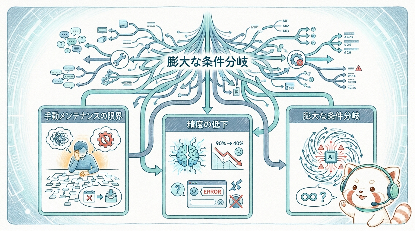 複雑化して破綻するシナリオツリーのイメージ