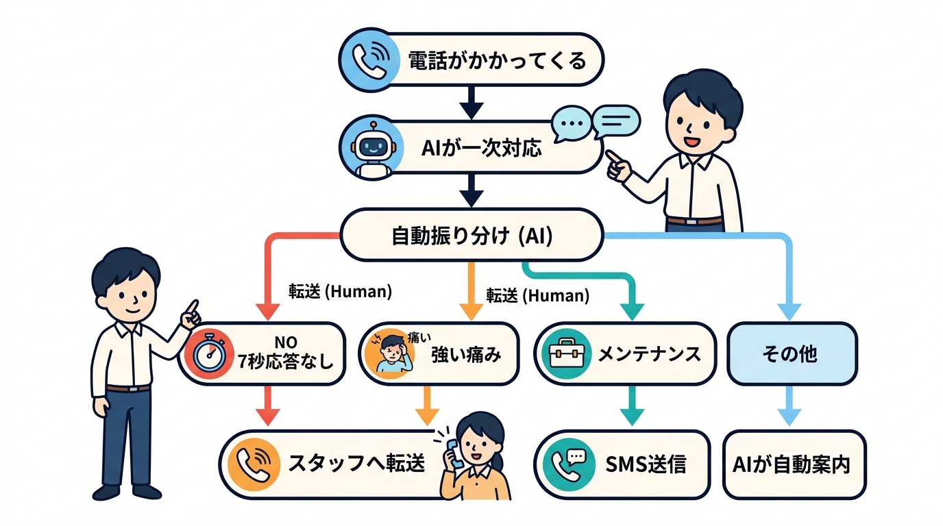 AI電話の転送カスタマイズと条件分岐（一次受け）のフロー
