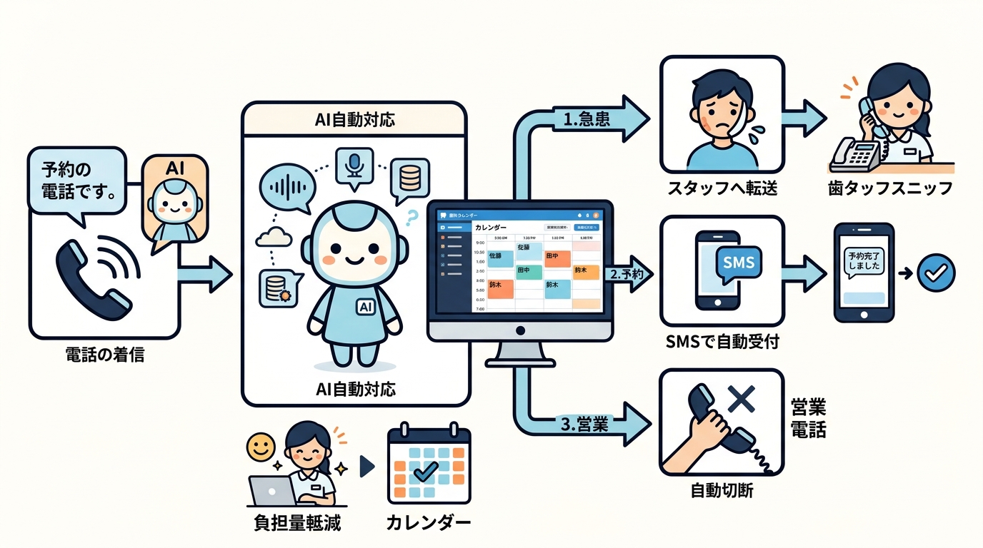 AI電話による急患・予約・営業電話の自動振り分けフロー