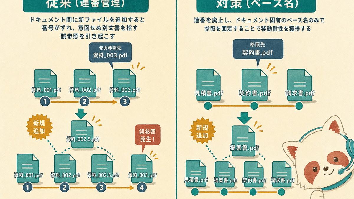 連番ファイル名の参照ズレと、ベース名参照による解決の比較図