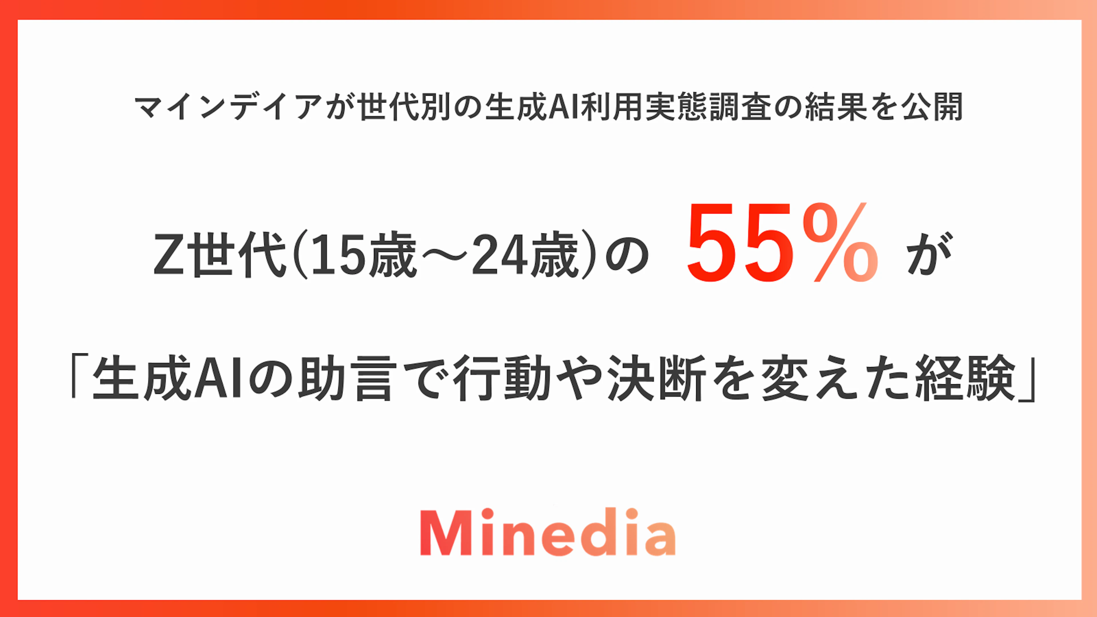 Z世代（15〜24歳）の生成AI利用実態調査 Z世代の過半数が「生成AIの助言で行動や決断を変えた経験あり」、 利用者の約6割（59%）が仕事・進路の相談など 自身に関わるテーマで生成AI活用をしていることが明らかに