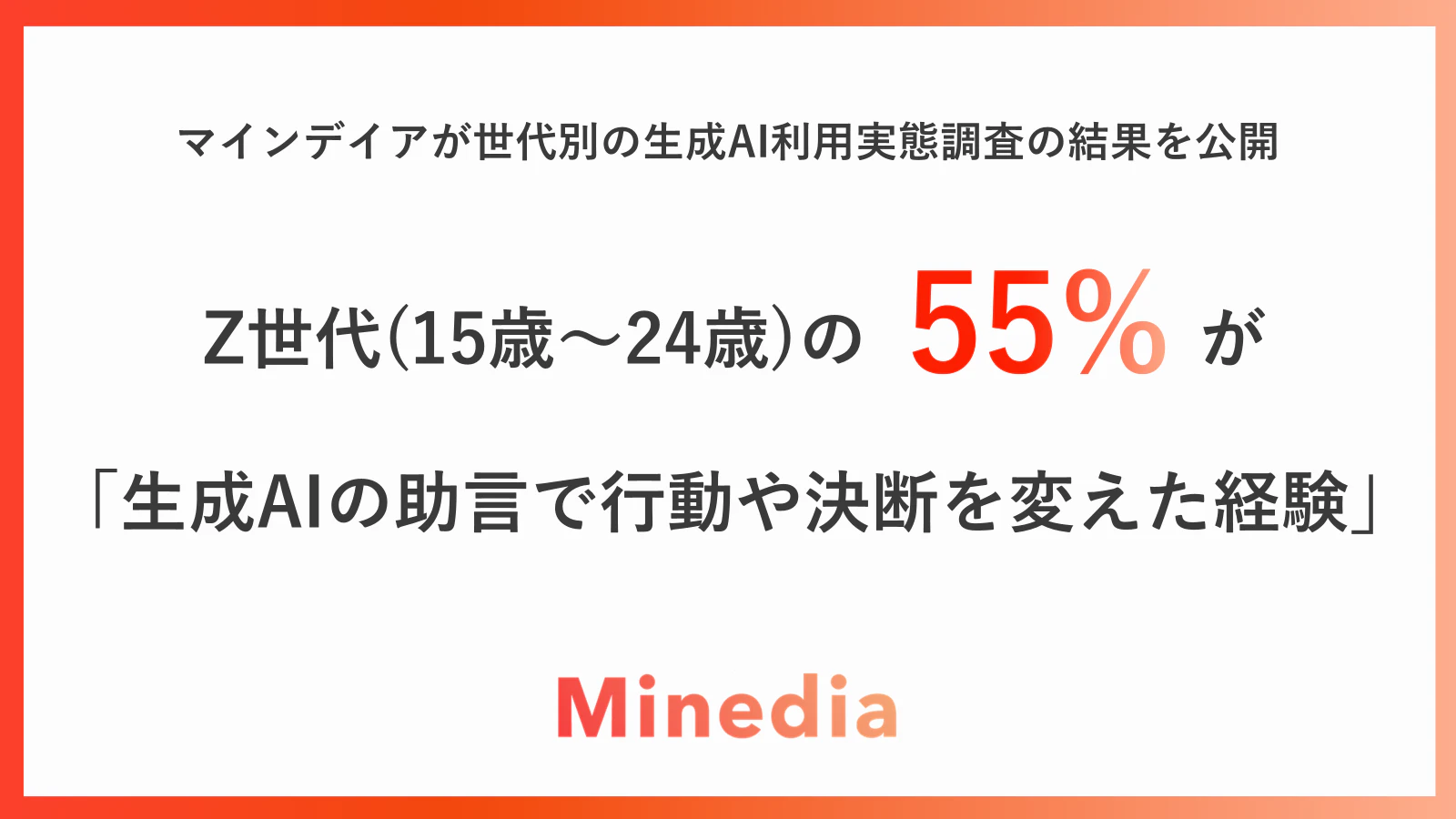 Z世代(15〜24歳)の生成AI利用実態調査 Z世代の過半数が「生成AIの助言で行動や決断を変えた経験あり」、 利用者の約6割(59%)が仕事・進路の相談など 自身に関わるテーマで生成AI活用をしていることが明らかに