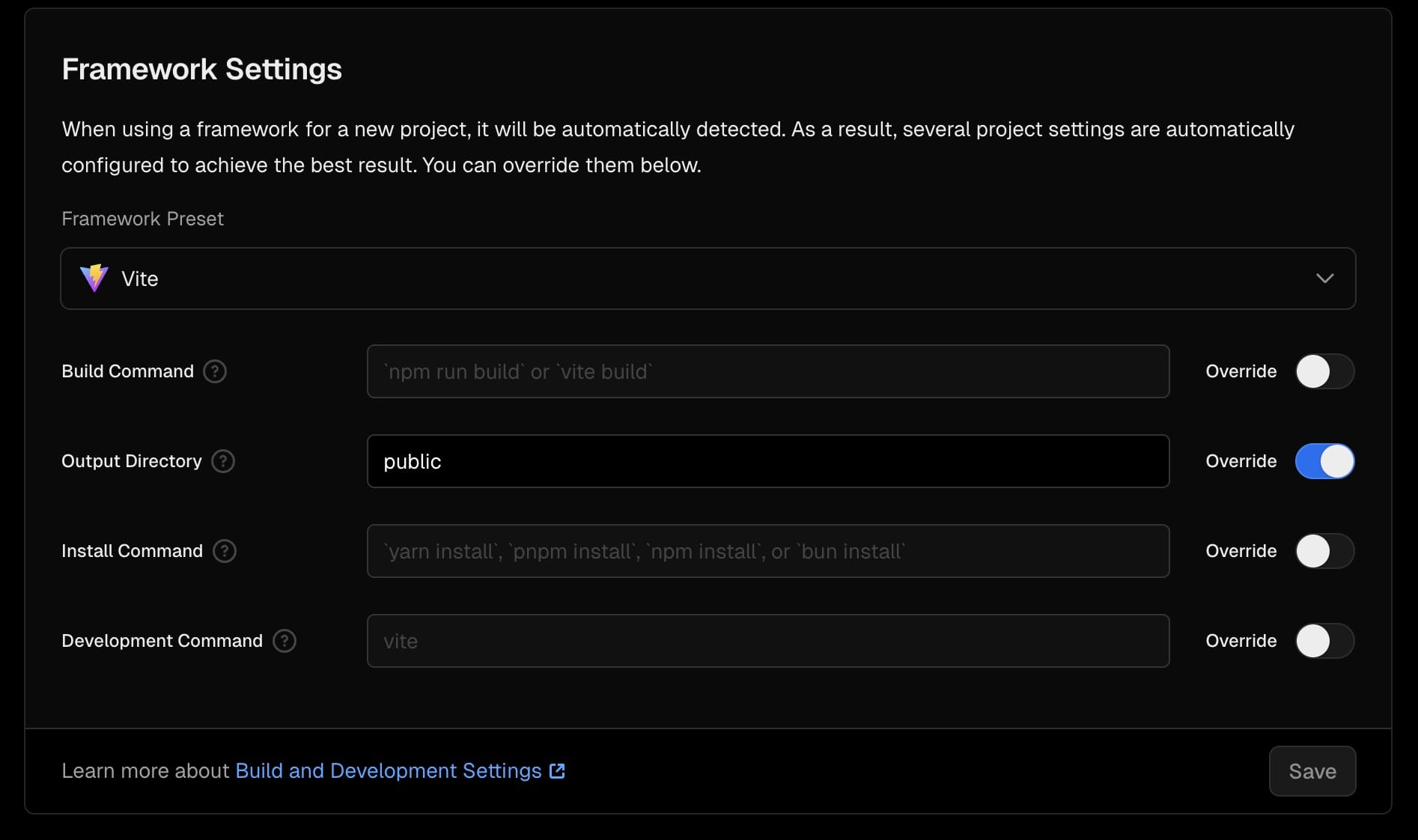 Vercelの設定画面のスクリーンショット。Output Directoryに「public」と入力し、Overrideをtrueにしている。