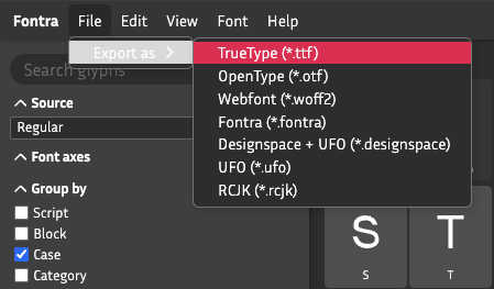 Fontraソフトウェアのファイル書き出しメニュー画面。TrueType (.ttf) や OpenType (.otf) などのフォントフォーマット選択リスト。