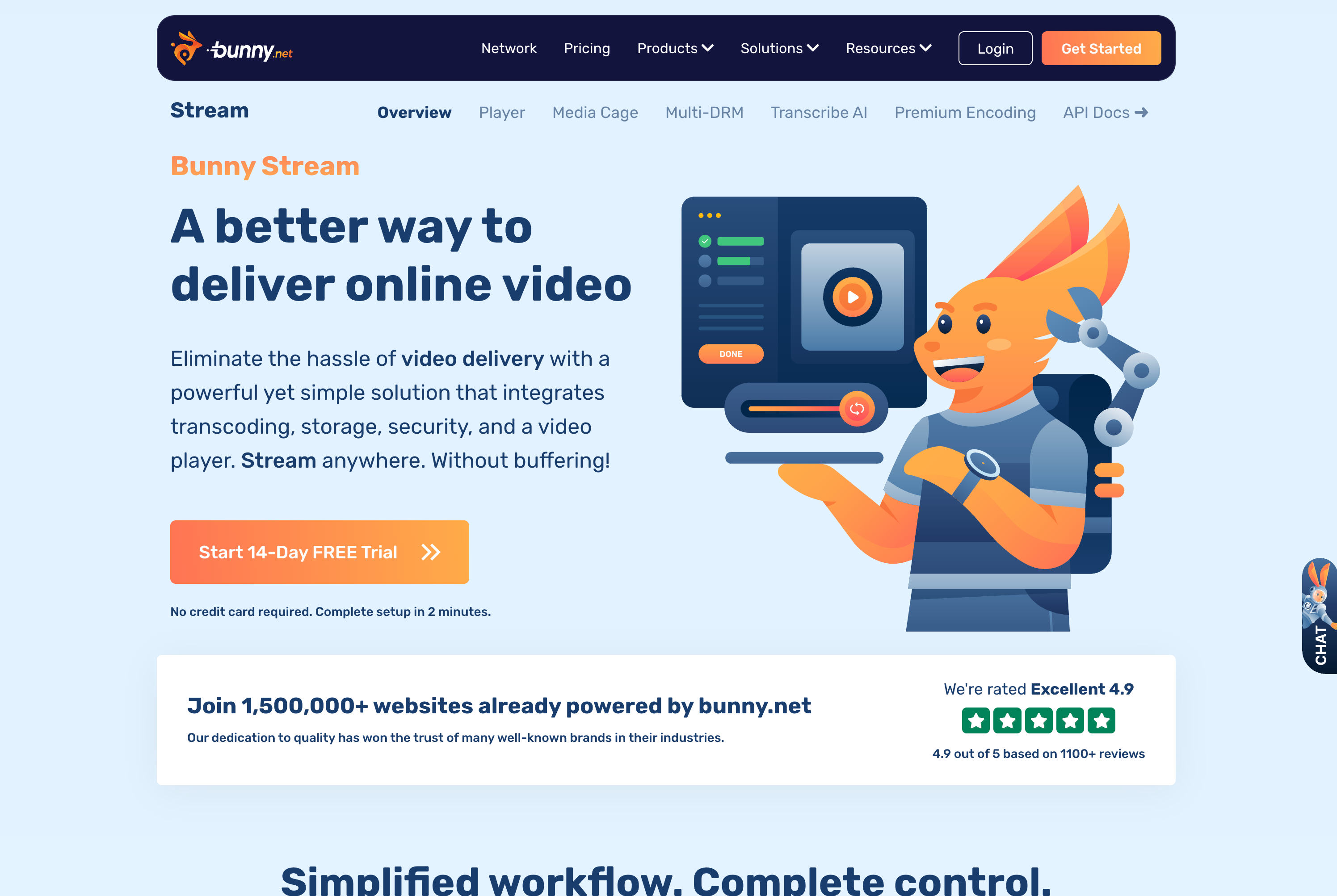 兎をモチーフにしたバニーネットのウェブサイトのスクリーンショット。ウェブサイトの中央に「Bunny Stream」という見出しがあり、その下に「A better way to deliver online video」という見出しがある。