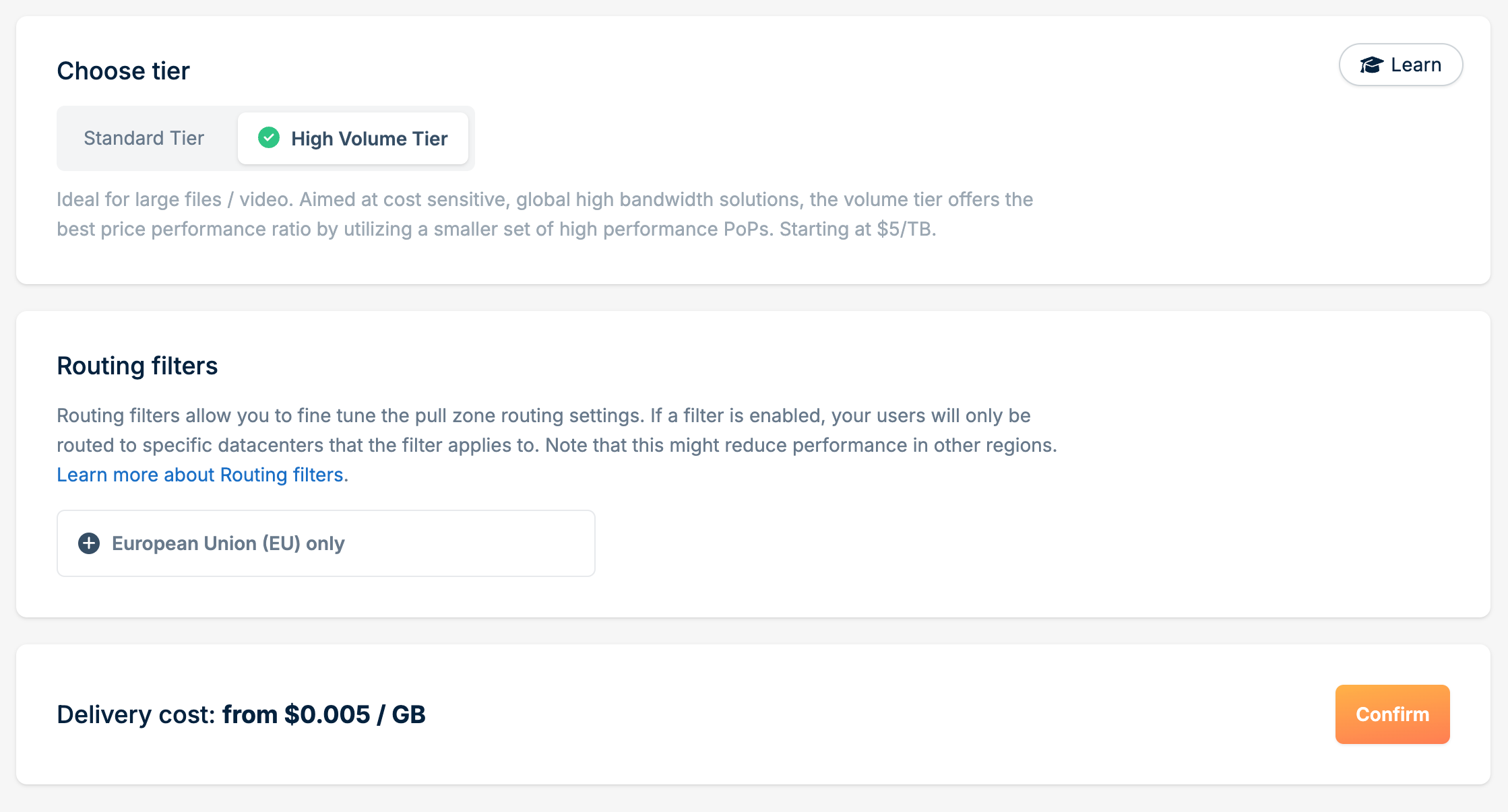 「Choose tier」「Routing filters」の設定セクションが表示され、下部には「Delivery cost: from $0.005 / GB」と表示されている。
