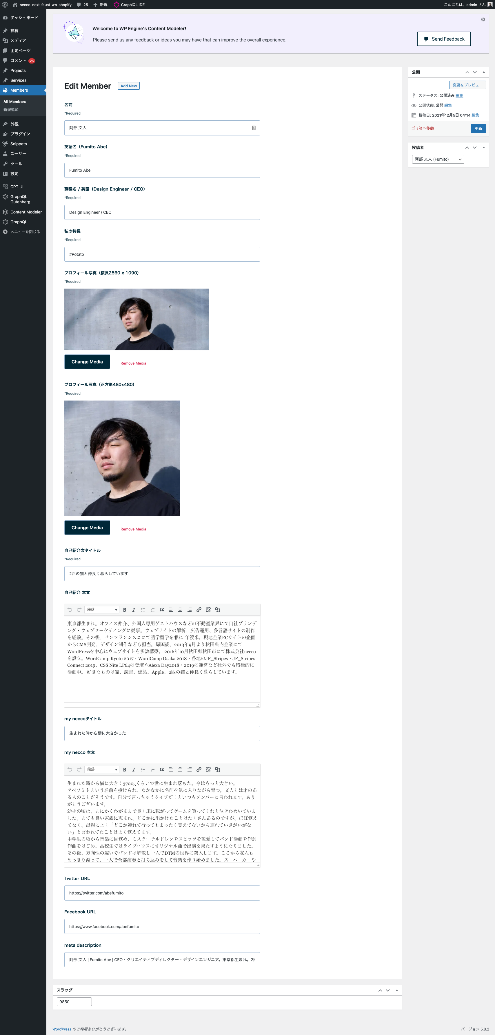 Content Modelerのカスタムポストと入力フィールド