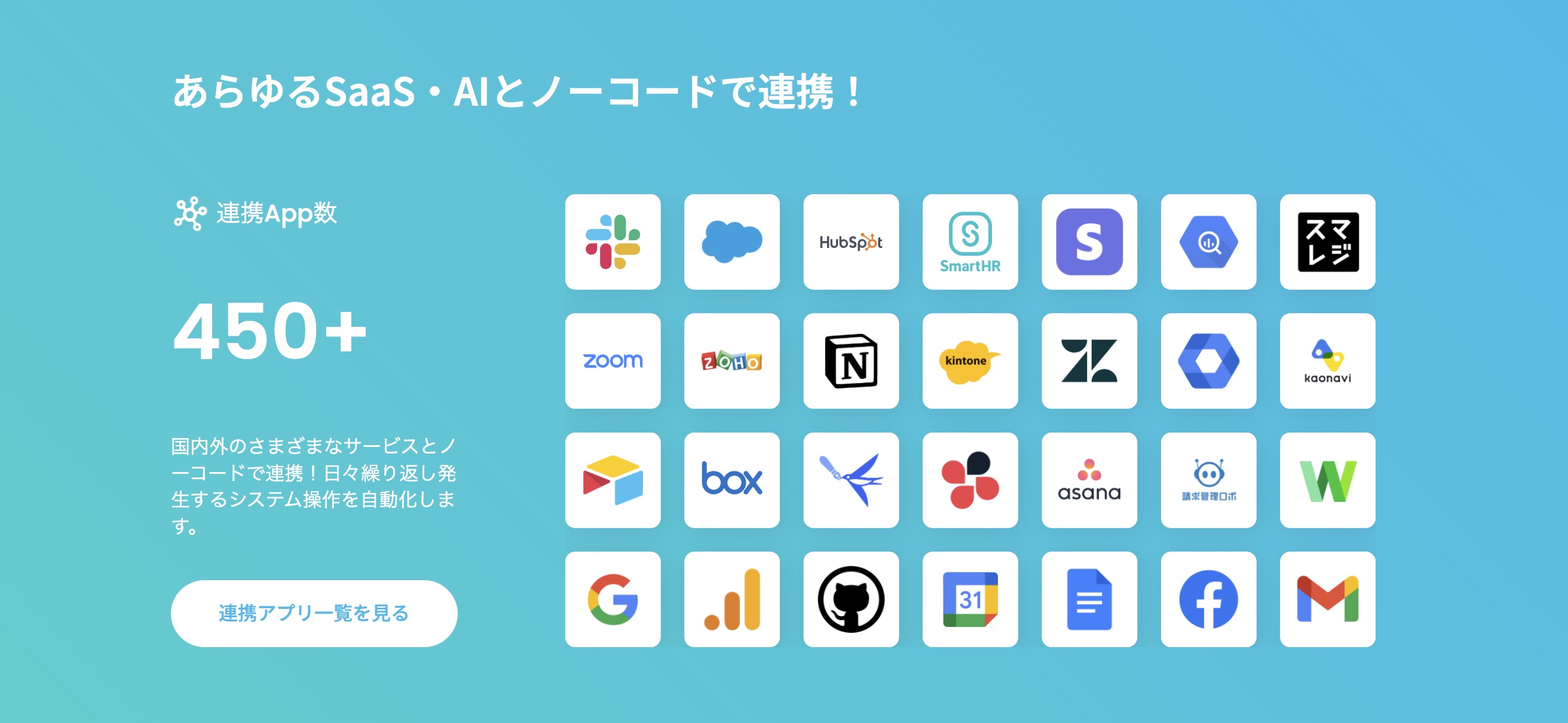 連携しているSaaS・AIの例を示している画像、連携アプリ一覧を見るボタンがあり、さらに詳しい内容を確認できるようになっている。連携App数は450+と示されている。