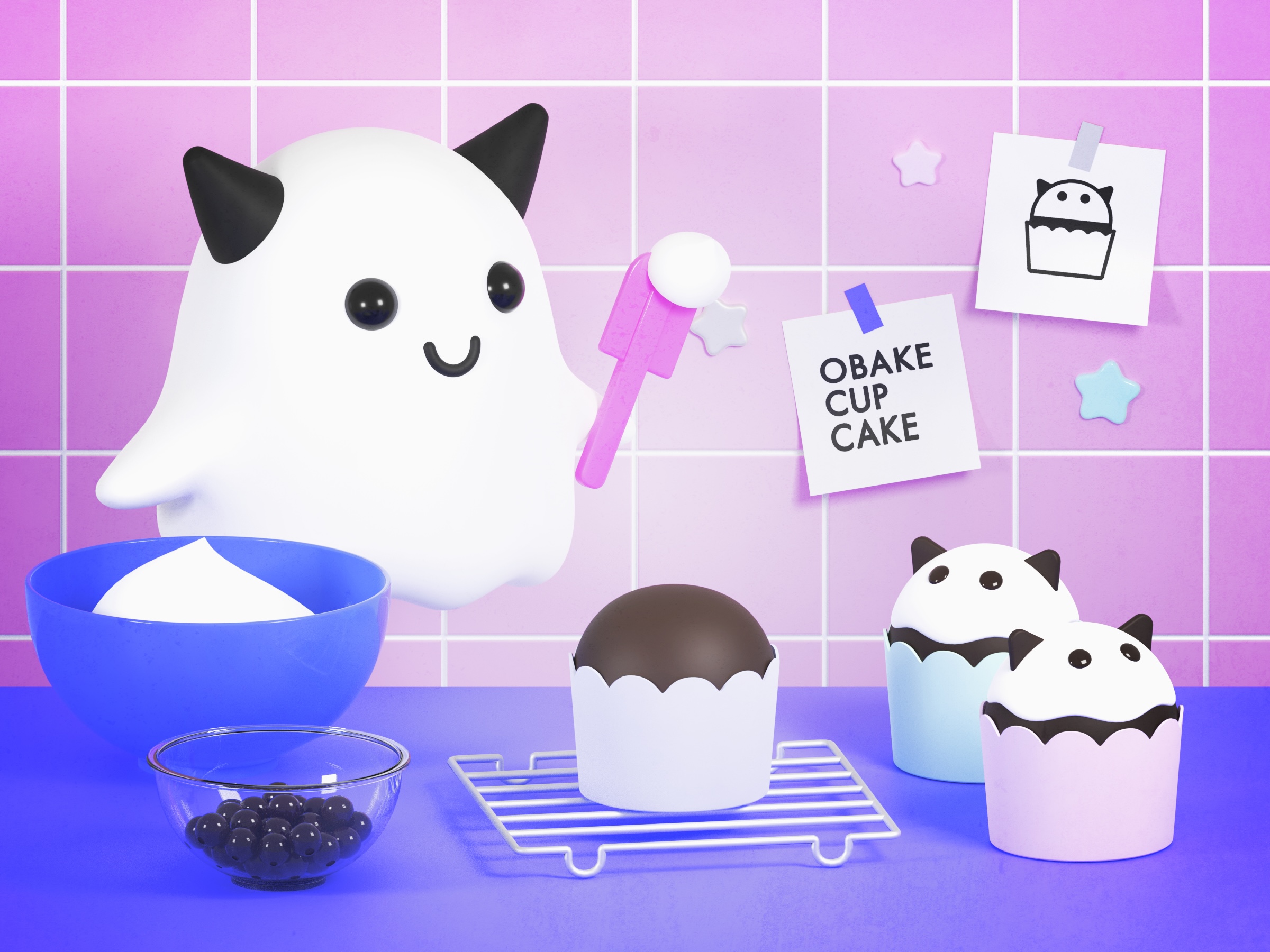 カップケーキをつくるおばけちゃん