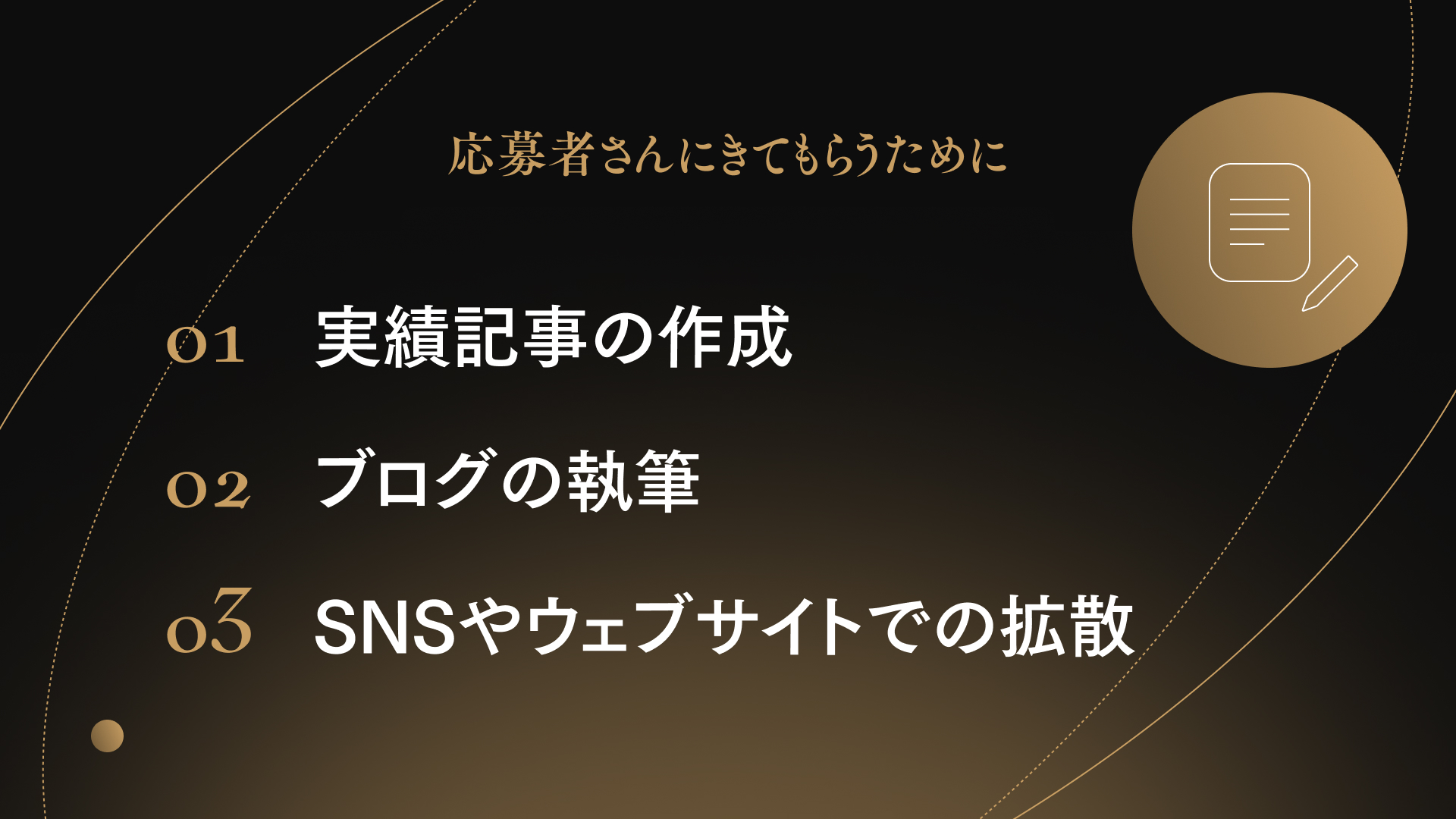 応募者さんにきてもらうために
01 実績記事の作成
02 ブログの執筆
03 SNSやウェブサイトでの拡散