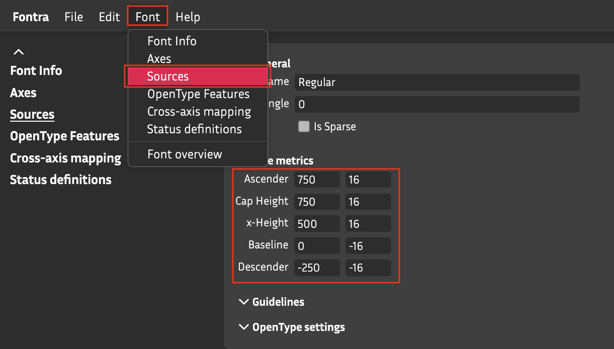 Fontraのエディタ画面。ソース設定メニューからアセンダーやキャップハイト、ベースラインなどのフォントメトリクス数値(Line metrics)を設定している状態。