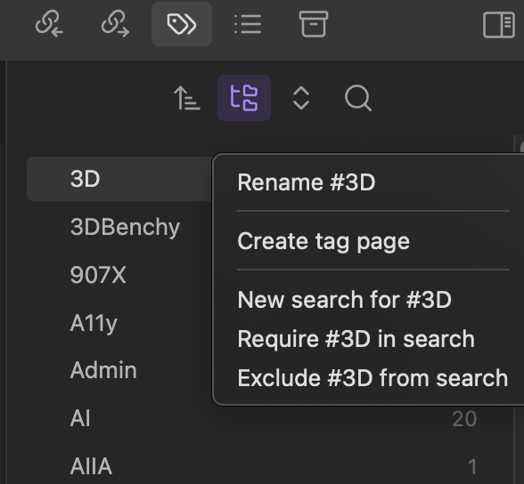 3Dタグのコンテクストメニューを表示した状態のスクリーンショット。Rename #3Dなど、タグに対して行える操作が表示されている。