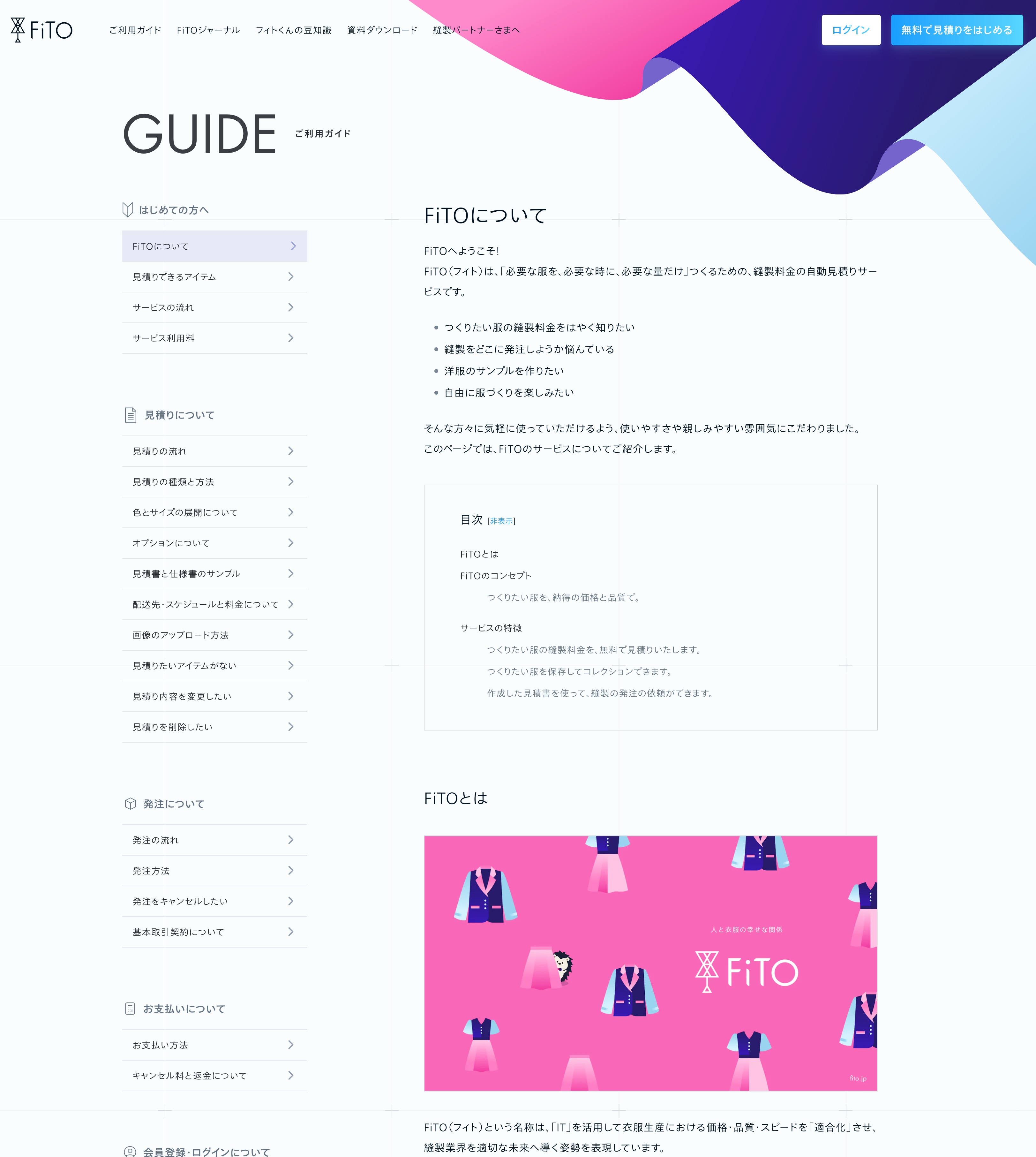 FiTOのご利用ガイド詳細ページが表示されている。