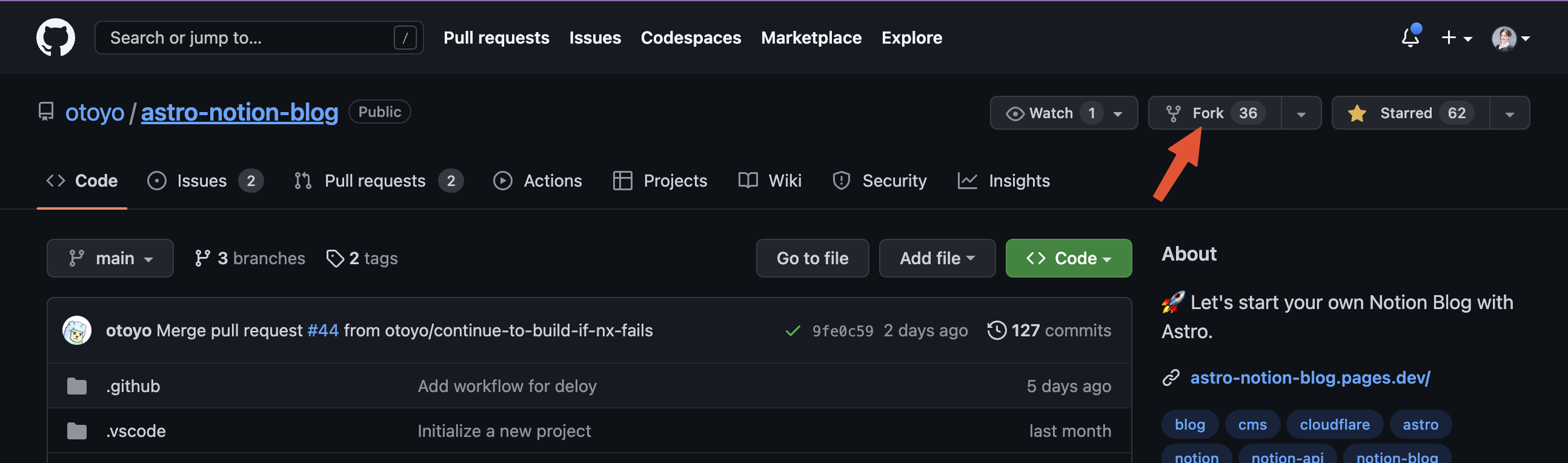 スクリーンショット：GitHubの「Fork」ボタンを矢印で示している