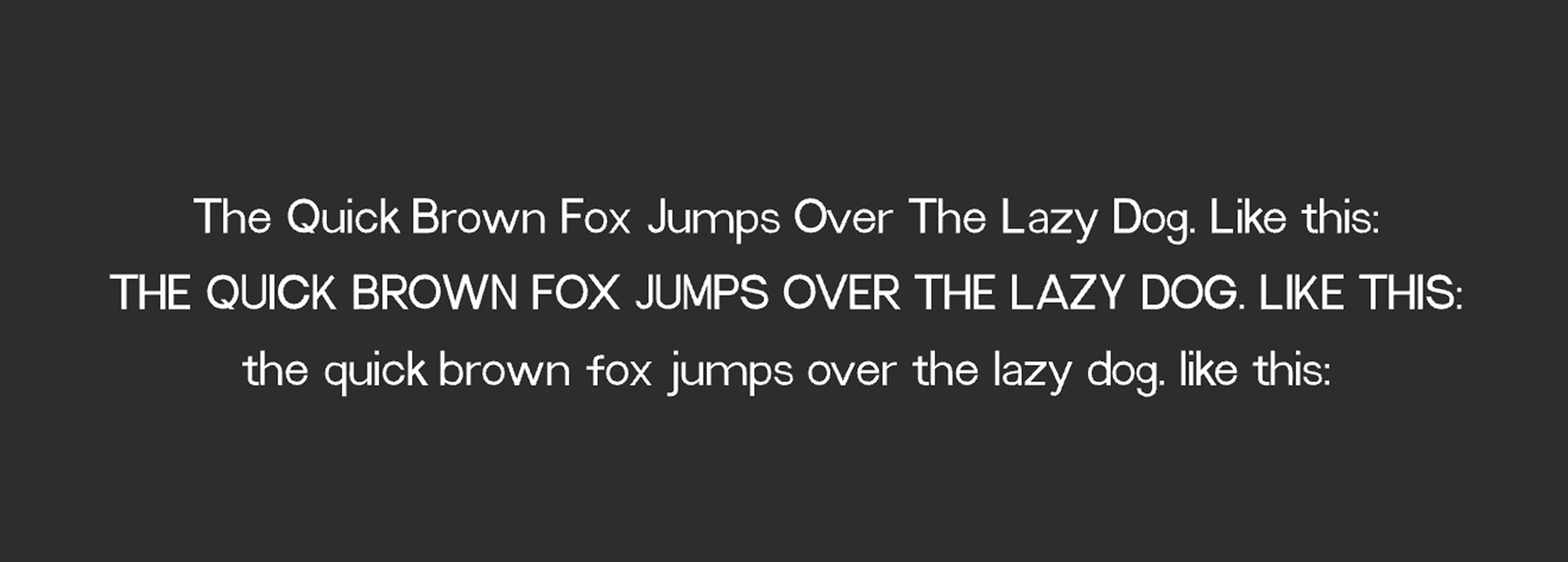 「The Quick Brown Fox Jumps Over The Lazy Dog」の英文を使った、necco Noteフォントのタイポグラフィテスト画面。