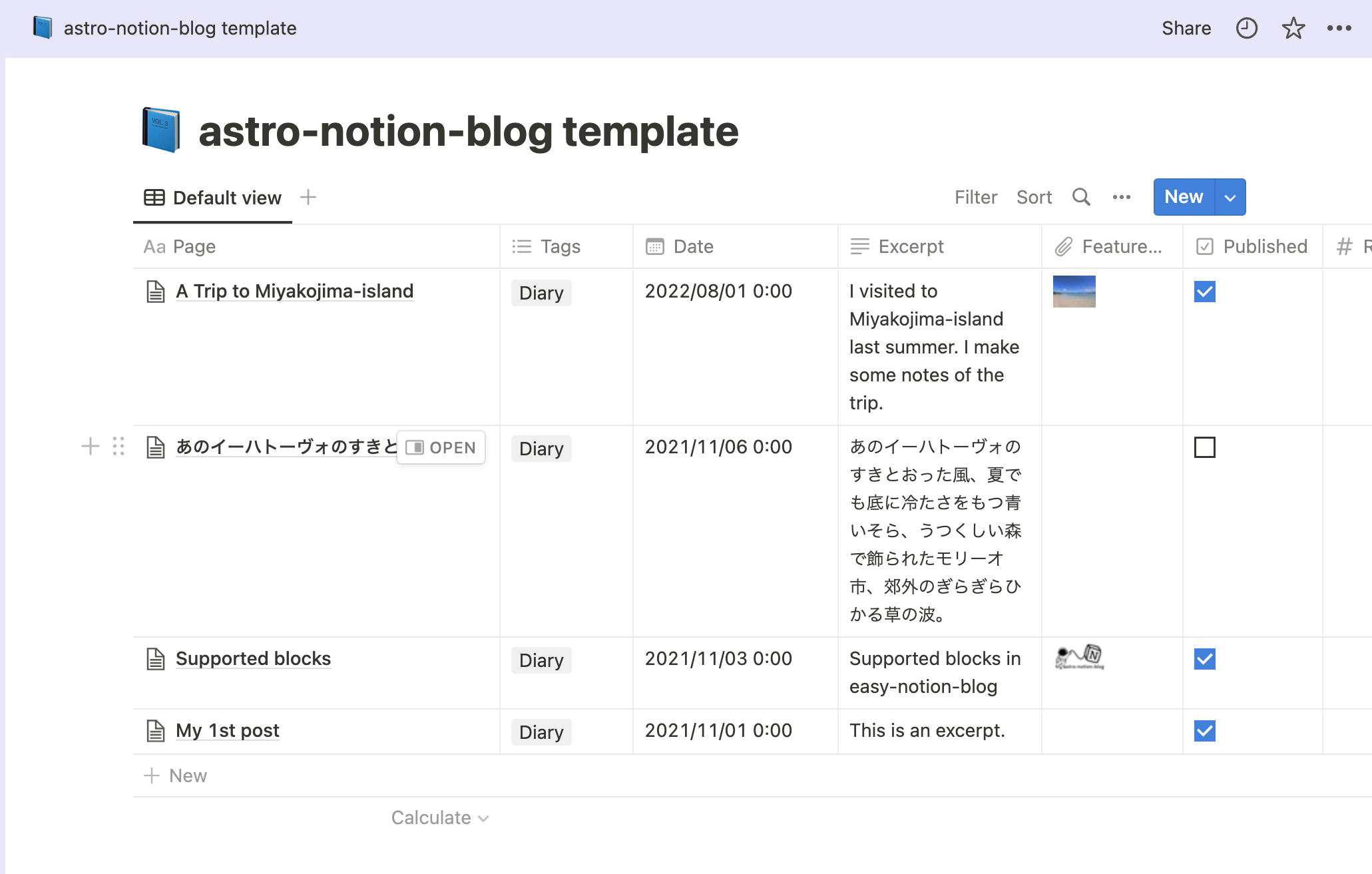 スクリーンショット：Notionのデータベースを表示しているページ