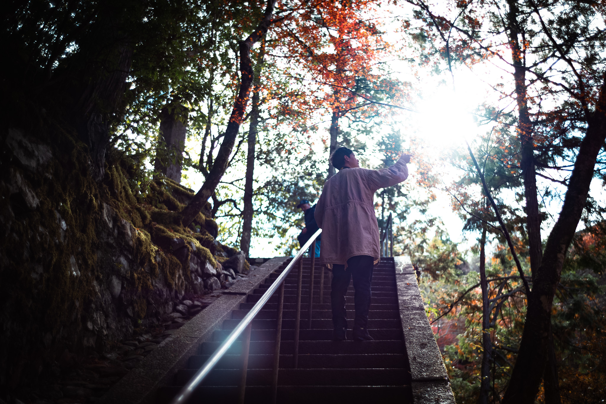槇尾山「西明寺」の階段で紅葉を触る岩松さん