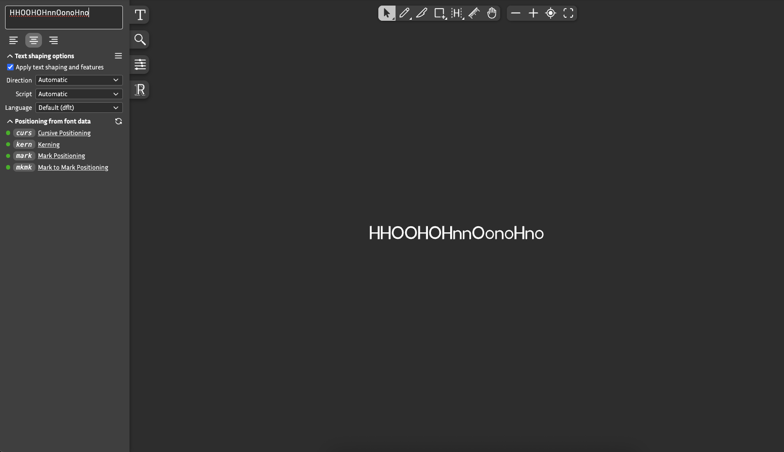 フォント作成ツールでの文字組みテスト画面。「HHOOHOHnnOonoHno」という文字列を配置し、カーニングや文字間隔を確認している様子。