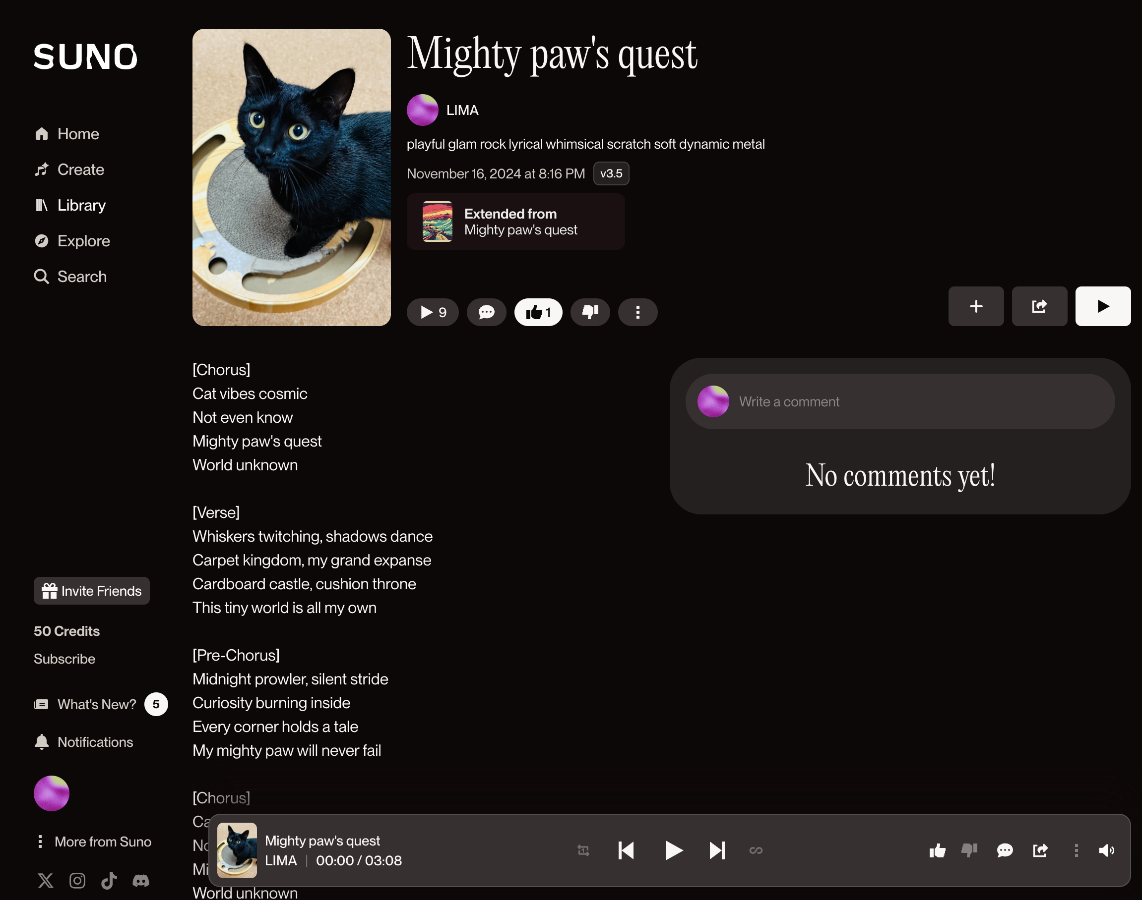 Sunoの画面。黒猫の写真が表示された「Mighty paw's quest」というタイトルの楽曲の再生画面で、歌詞や再生コントロール、コメント欄などが表示されています。