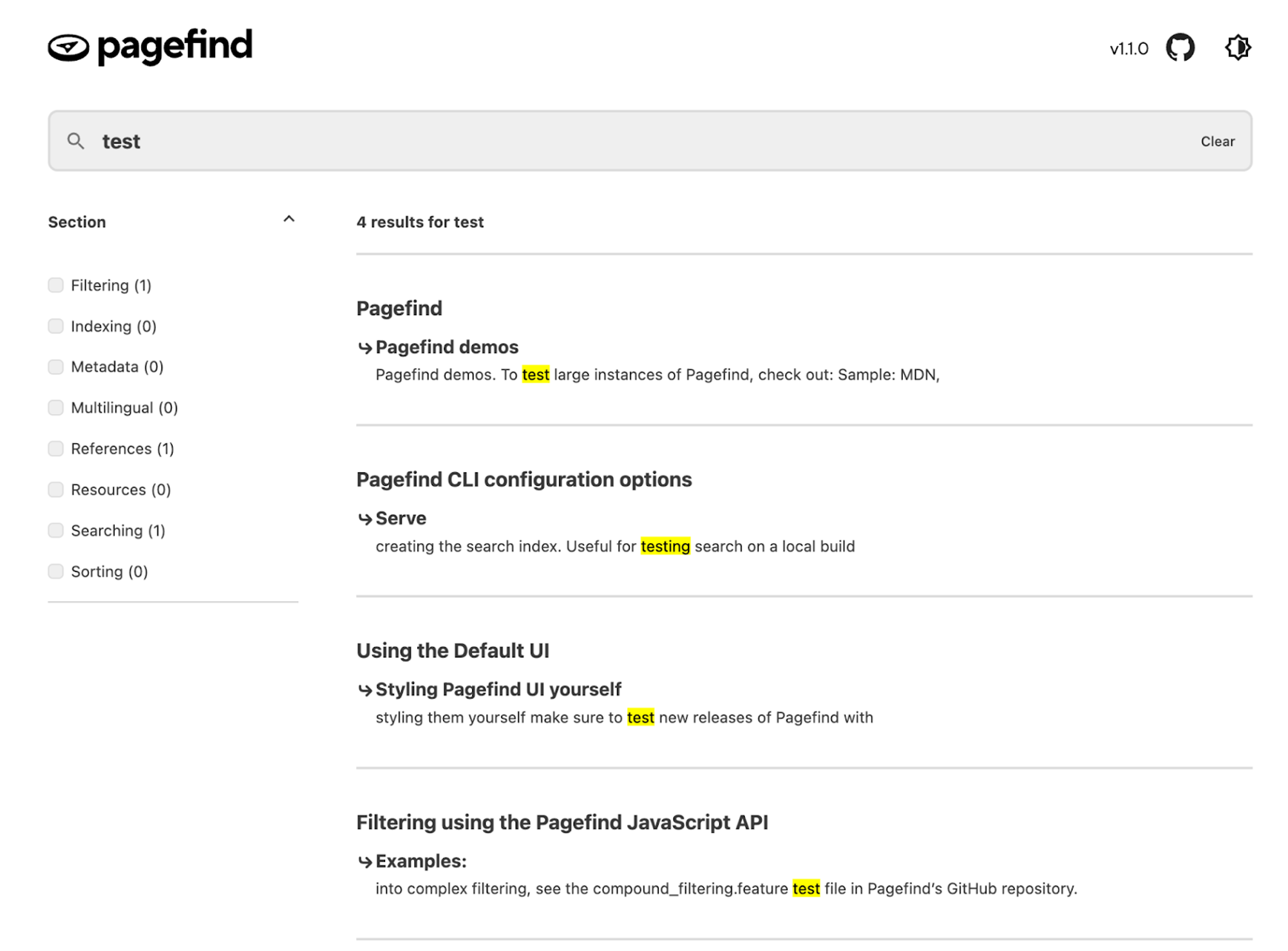Pagefindのウェブページのスクリーンショット。検索結果が表示されており、検索語句がハイライトされている。