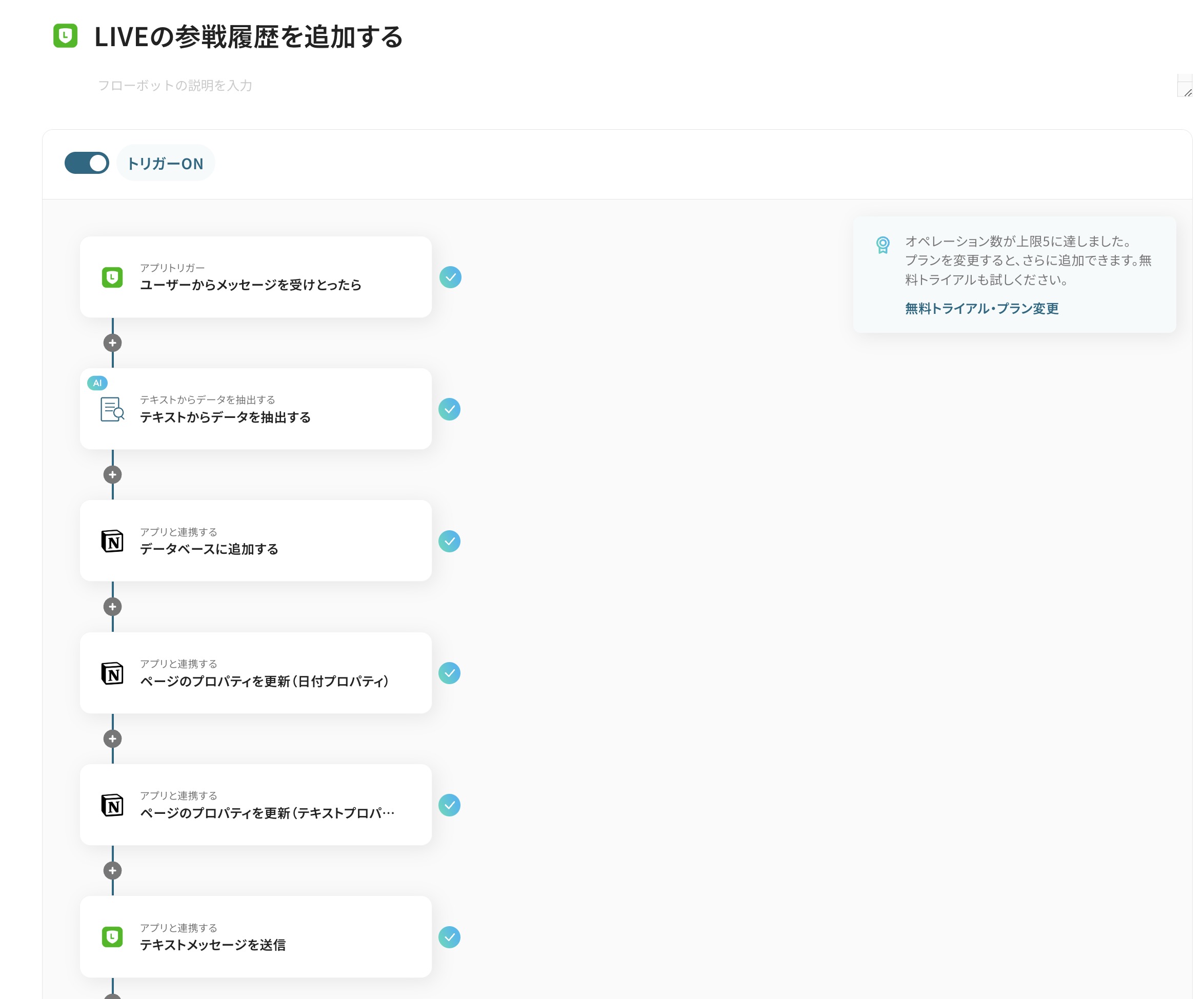 フローの全体像の画像。オペレーションが5つ以上に達しており、プランの変更の案内が表示されている