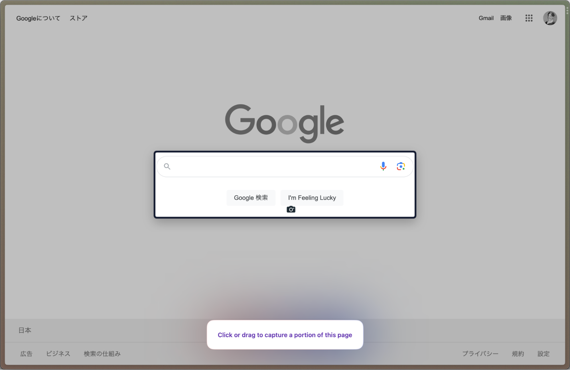 Googleのトップページの一部が枠で囲まれており、スクリーンショットをとれるようになっている様子