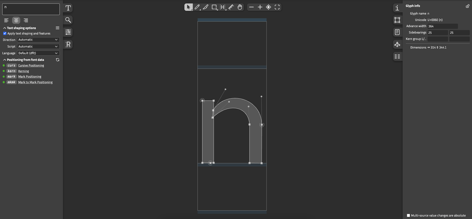 フォント制作ツールにおける小文字「n」のエディタ画面。ベジェ曲線のハンドルとアンカーポイント、および右側にグリフ情報が表示されている。