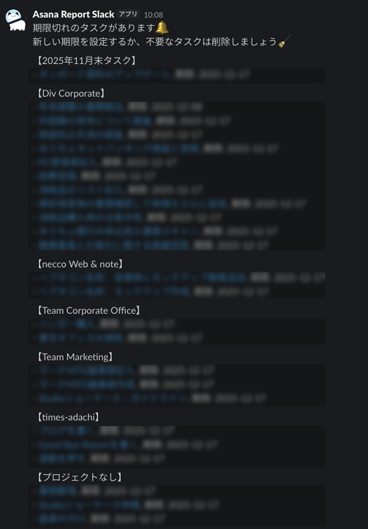 期限を過ぎたタスクはSlack上で通知がきます
