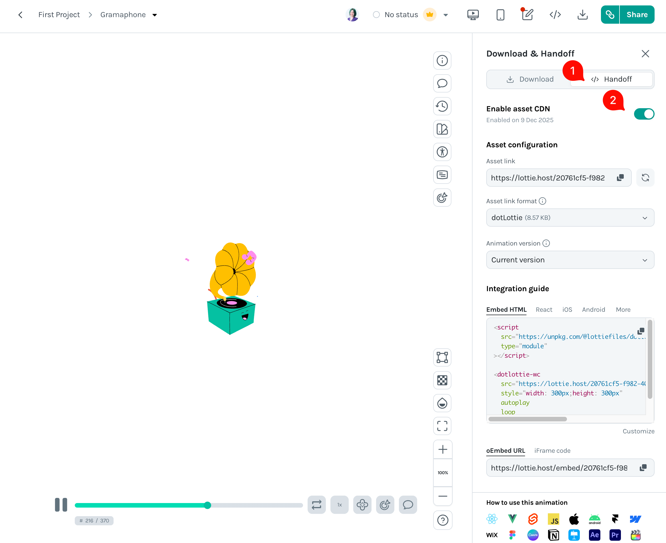 LottieFilesのダウンロード・ハンドオフ画面のスクリーンショット。「ハンドオフ」トグル、「Enable asset CDN」が有効になっていること、アセットリンクなどが表示されている。