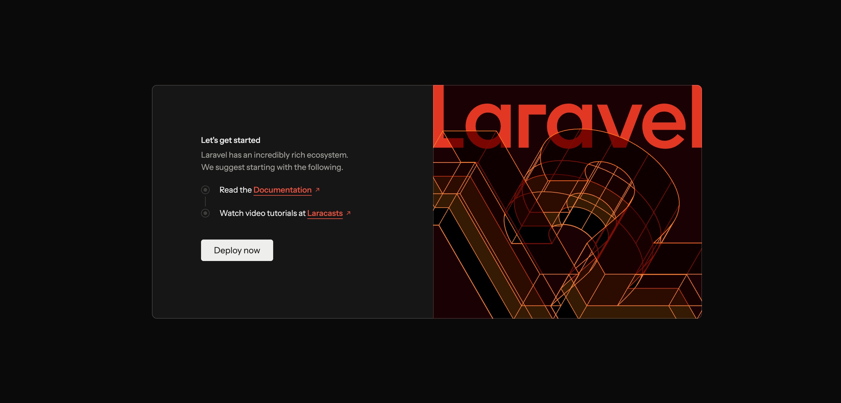 Laravelのウェルカムページ(http://127.0.0.1:8000/)のスクリーンショット。Laravel 12と表示され、Deploy nowのボタンが表示されている。