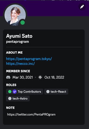 佐藤あゆみのDiscordプロフィール。Top Contributorsバッジが付与されている。