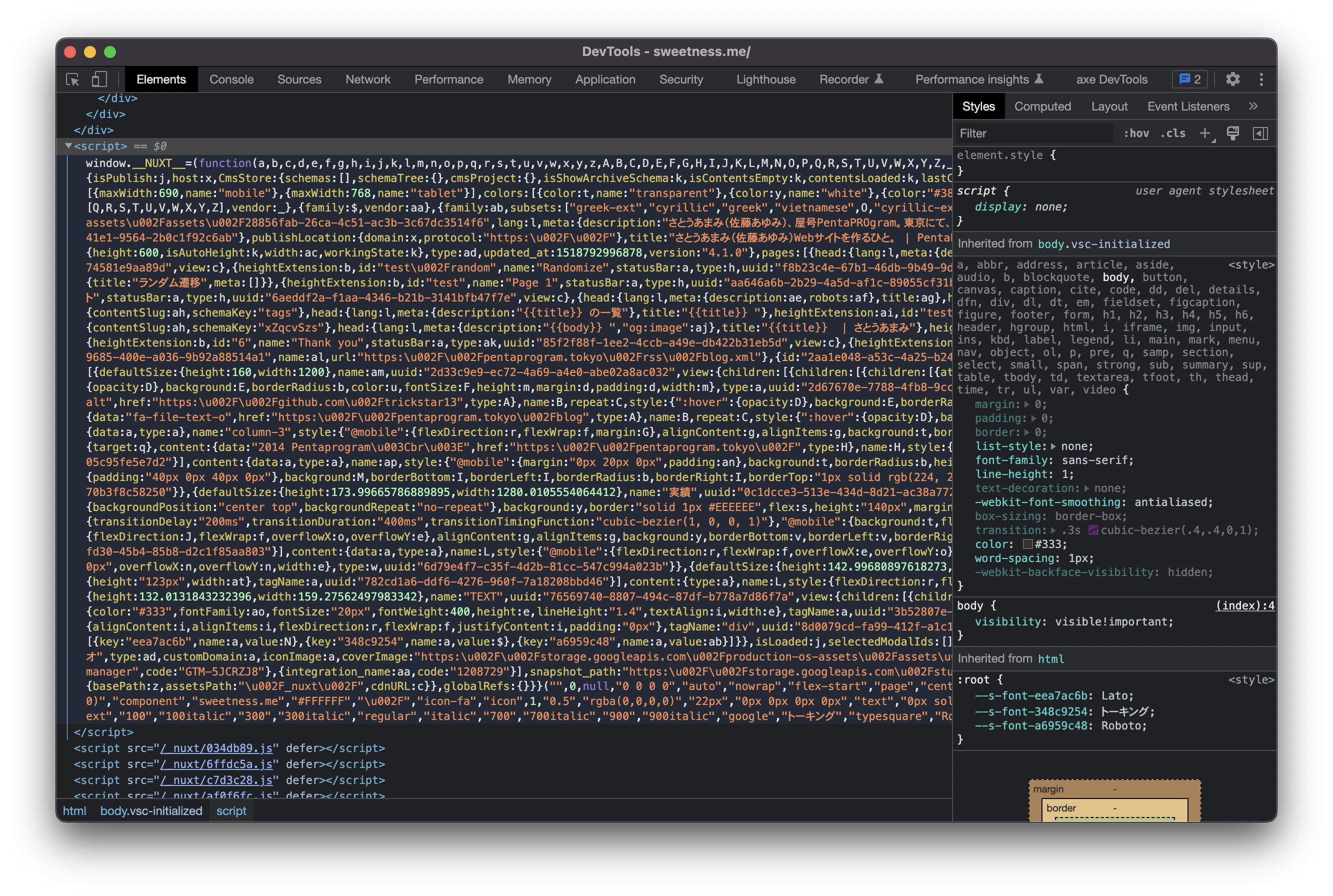 スクリーンショット：Devtoolsにてwindow.NUXT=で始まるスクリプトが表示されている