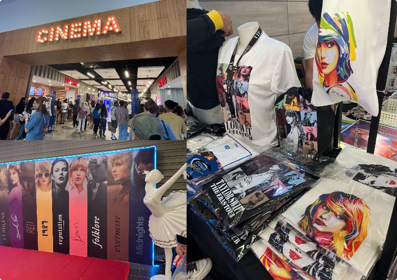 （左上）SM CINEMAに並んでいる人々、（右）グッズコーナーでTシャツなどが販売されていた、（左下）巨大パネル前にて
